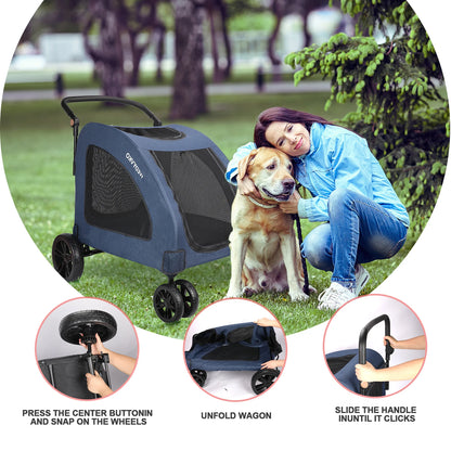 Heavy Duty Dog Stroller for Large Dogs up to 120 lbs, Foldable Pet Wagon with 360° Wheels, All-Round Ventilation