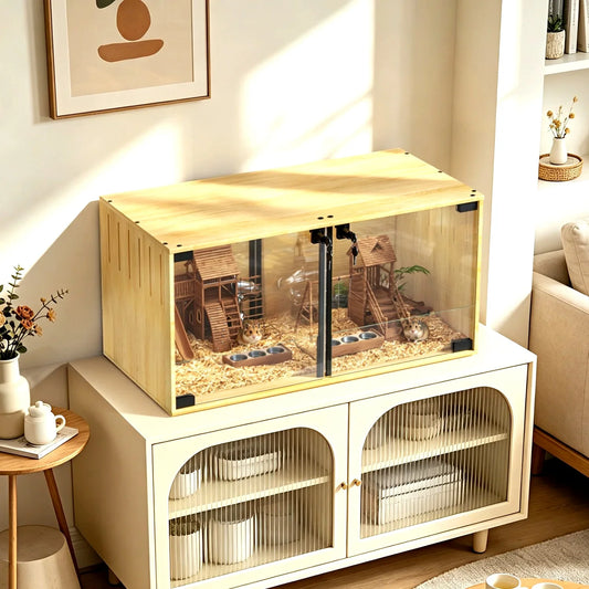 Wooden Hamster Guinea Pigs Cage Mice and Rat Habitat with Removable Divider Tempered Glass Panels Chew-proof