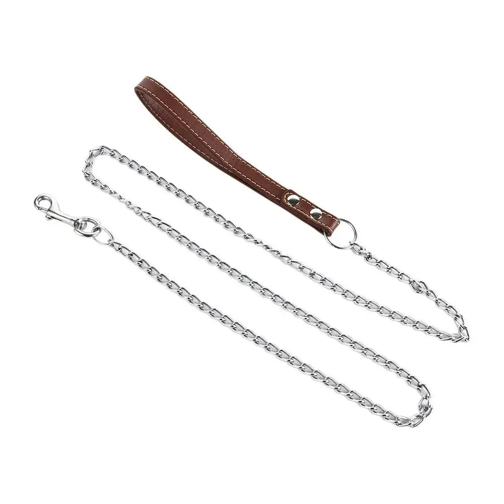 Heavy Duty Metal Chain Dog Lead With Leather Handle Long Strong Control Leash