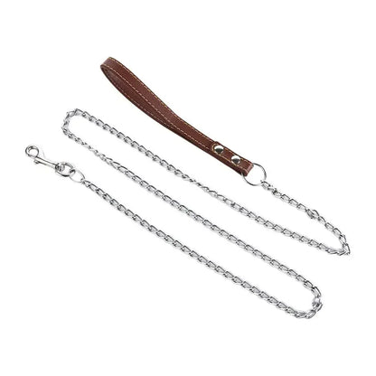 Heavy Duty Metal Chain Dog Lead With Leather Handle Long Strong Control Leash