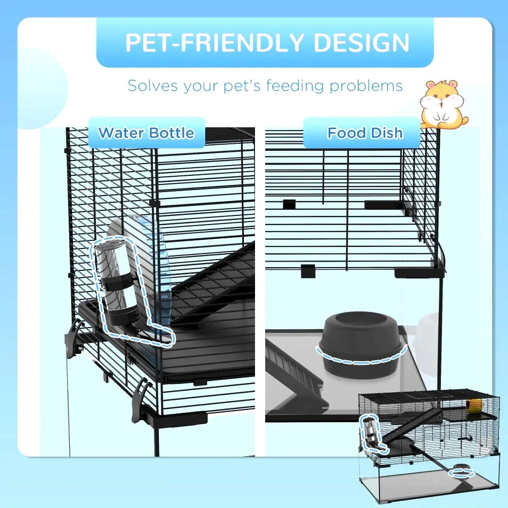 PawHut 31" Hamster Cage with Glass Basin, Ramps, Platforms, Hut, Exercise Wheel, Black