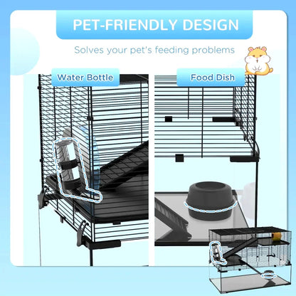 PawHut 31" Hamster Cage with Glass Basin, Ramps, Platforms, Hut, Exercise Wheel, Black