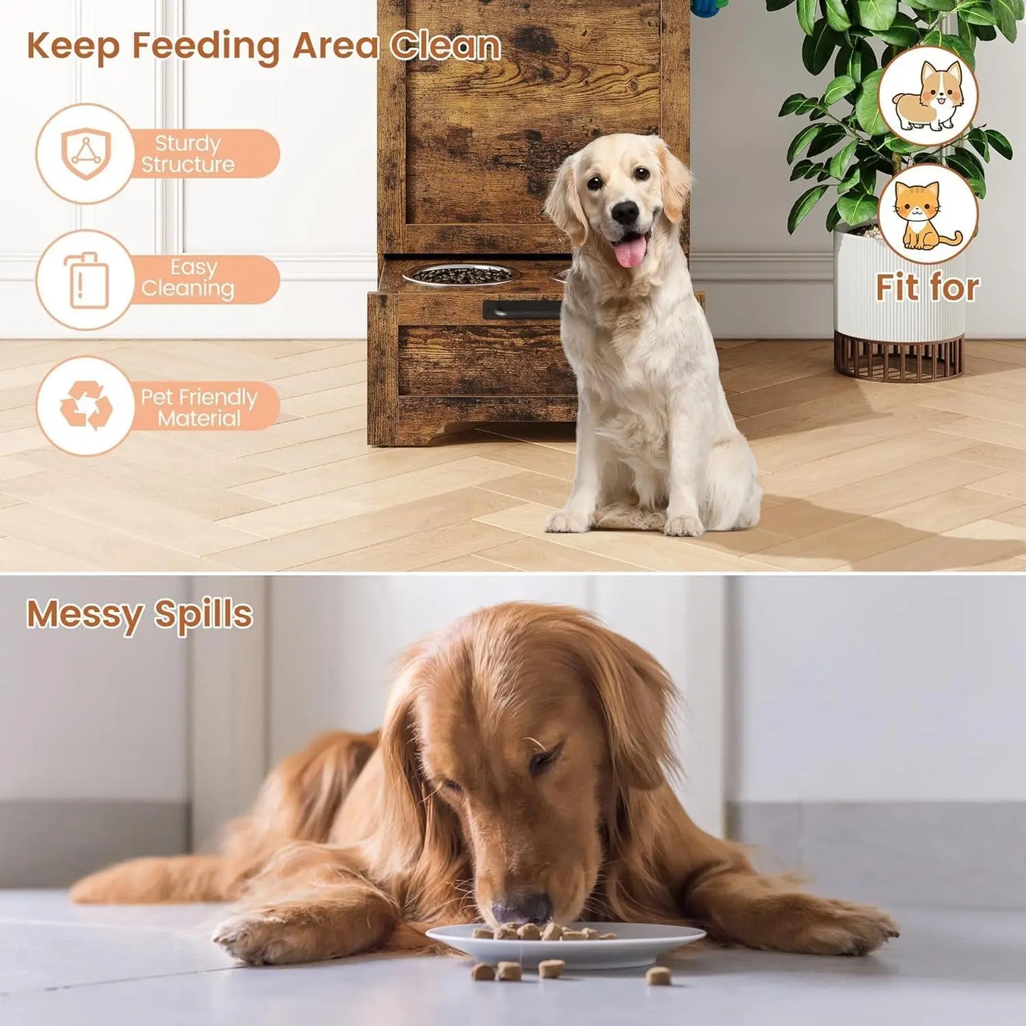Pet Feeding Station with Raised Bowls and Food Storage Cabinet