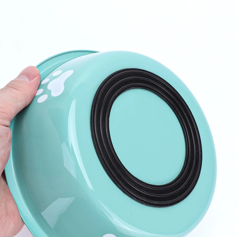 New Stainless Steel Pet Bowl with Paw Print, Silicone Non-Slip Food & Water Feeding Basin