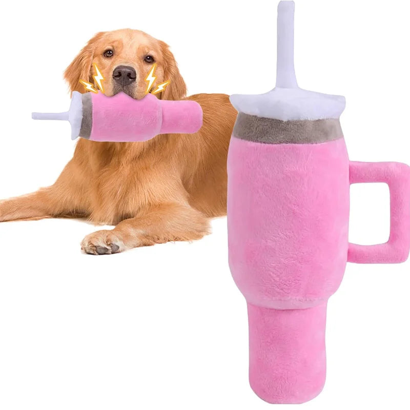 Safe Squeaky Pink Dog Cup Plush Toy - Durable Chew Toy for Small/Medium/Large