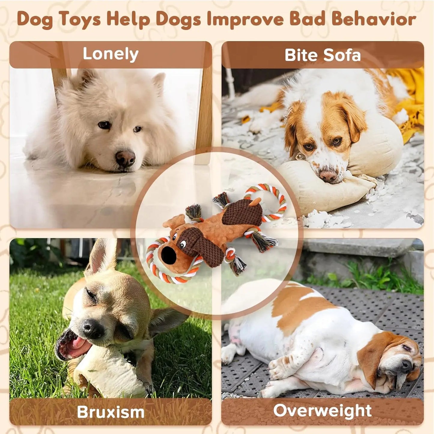 Squeaky Dog Toys with Pull Rope for All Sizes, Interactive Tug of War Plush toy