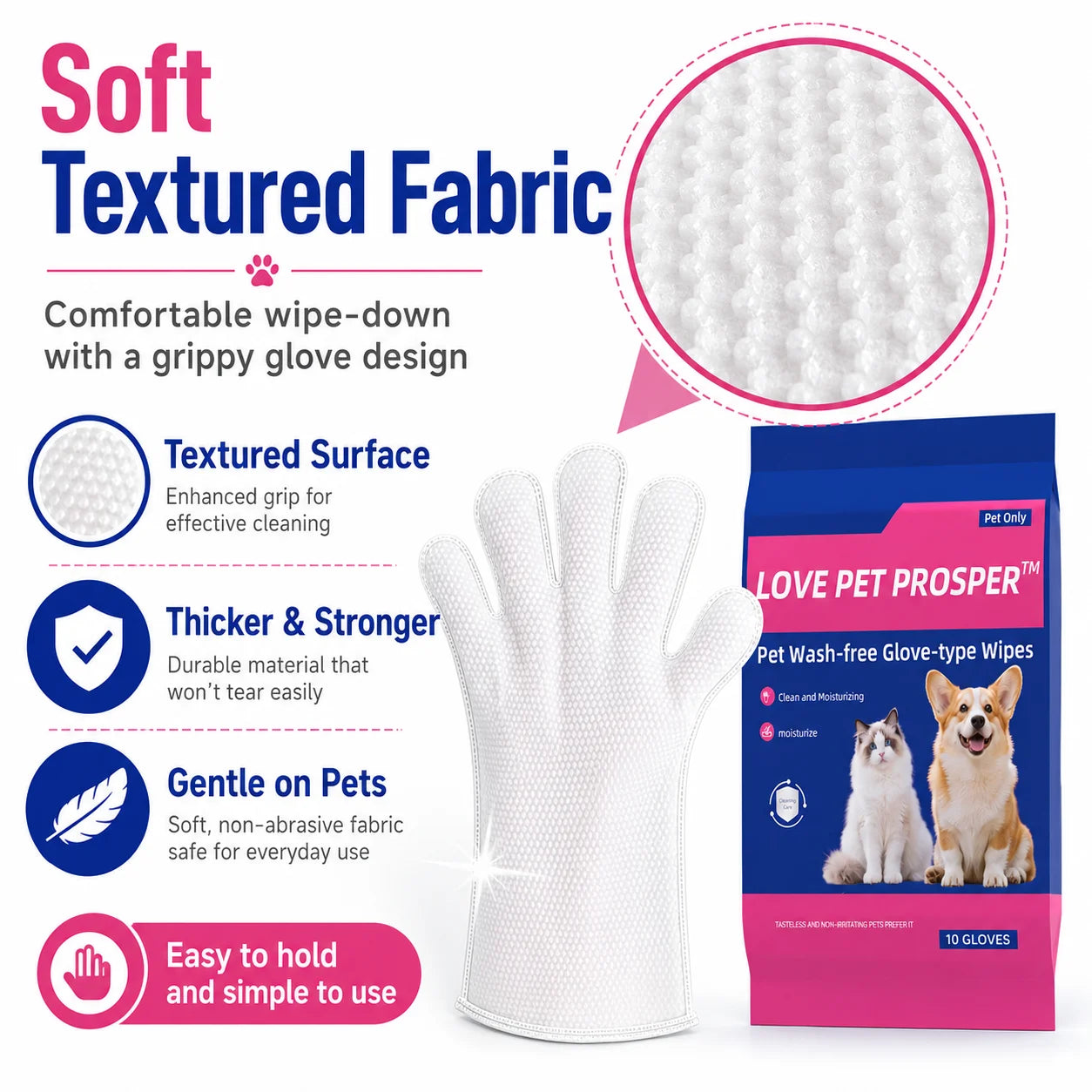 Disposable Textured Pet Bath Wipes for Paws, Coat, Dander & Odor Control, Soft Moisturizing Deodorizing Pet Wipes, 10 Count