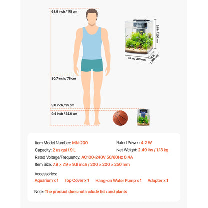 VEVOR Fish Tank Aquarium 3.5Gal Arch Ultra-Clear GPPS Starter Smart Tank Adjustable 3 Color Lighting for Freshwater Fish