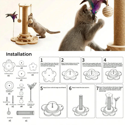 4-in-1 Wooden Cat Scratcher with Ball Track & Feather Toy Self-Play Kitten Activity Center