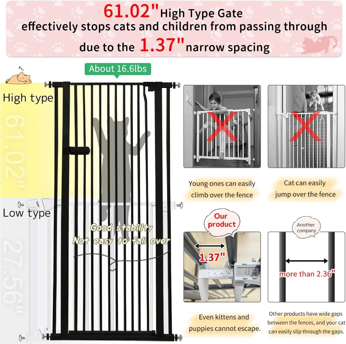 Extra Tall Pet Gate 61" High Pressure Mounted Auto-Close Adjustable Width No Drilling for Dogs and Cats