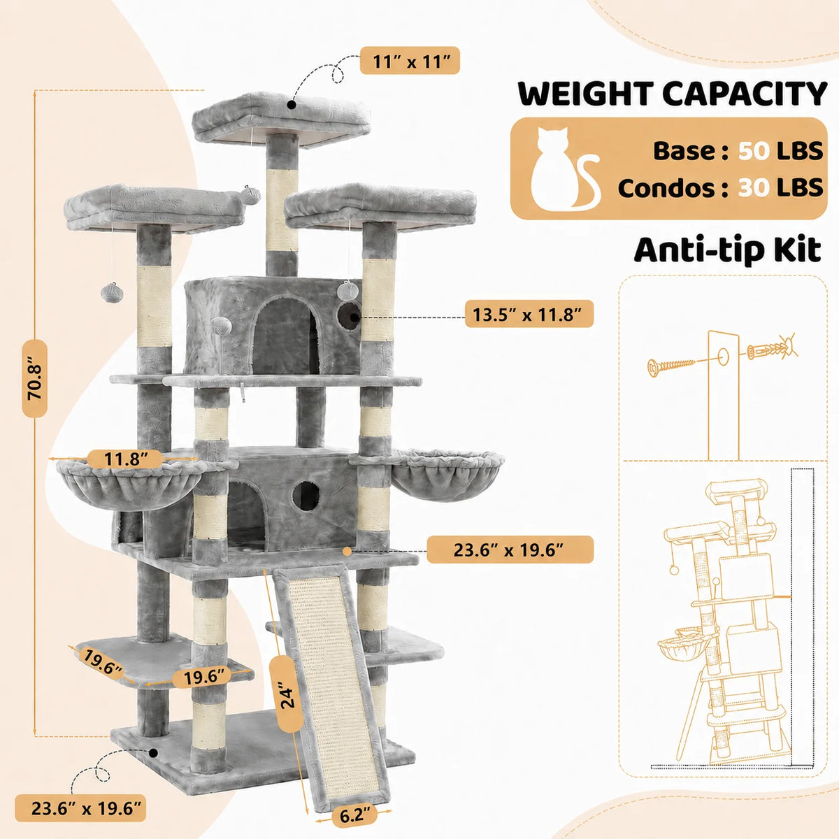 FOOWIN 68in Large Multi Level Cat Tree Tower Indoor Activity Center 2 Condos 3 Plush Perches Scratching Post