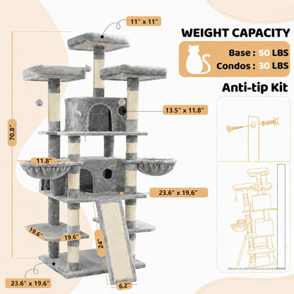 FOOWIN 68in Large Multi Level Cat Tree Tower Indoor Activity Center 2 Condos 3 Plush Perches Scratching Post