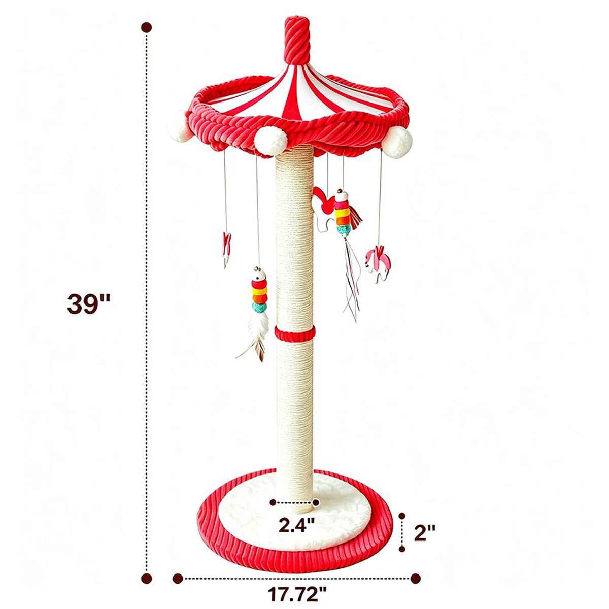 39“ Tall Carousel Cat Scratching Post with Hanging Toys with Rotating Top 17.7" Stable Base