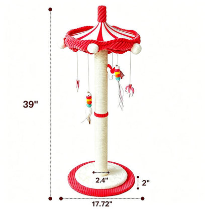 39“ Tall Carousel Cat Scratching Post with Hanging Toys with Rotating Top 17.7" Stable Base