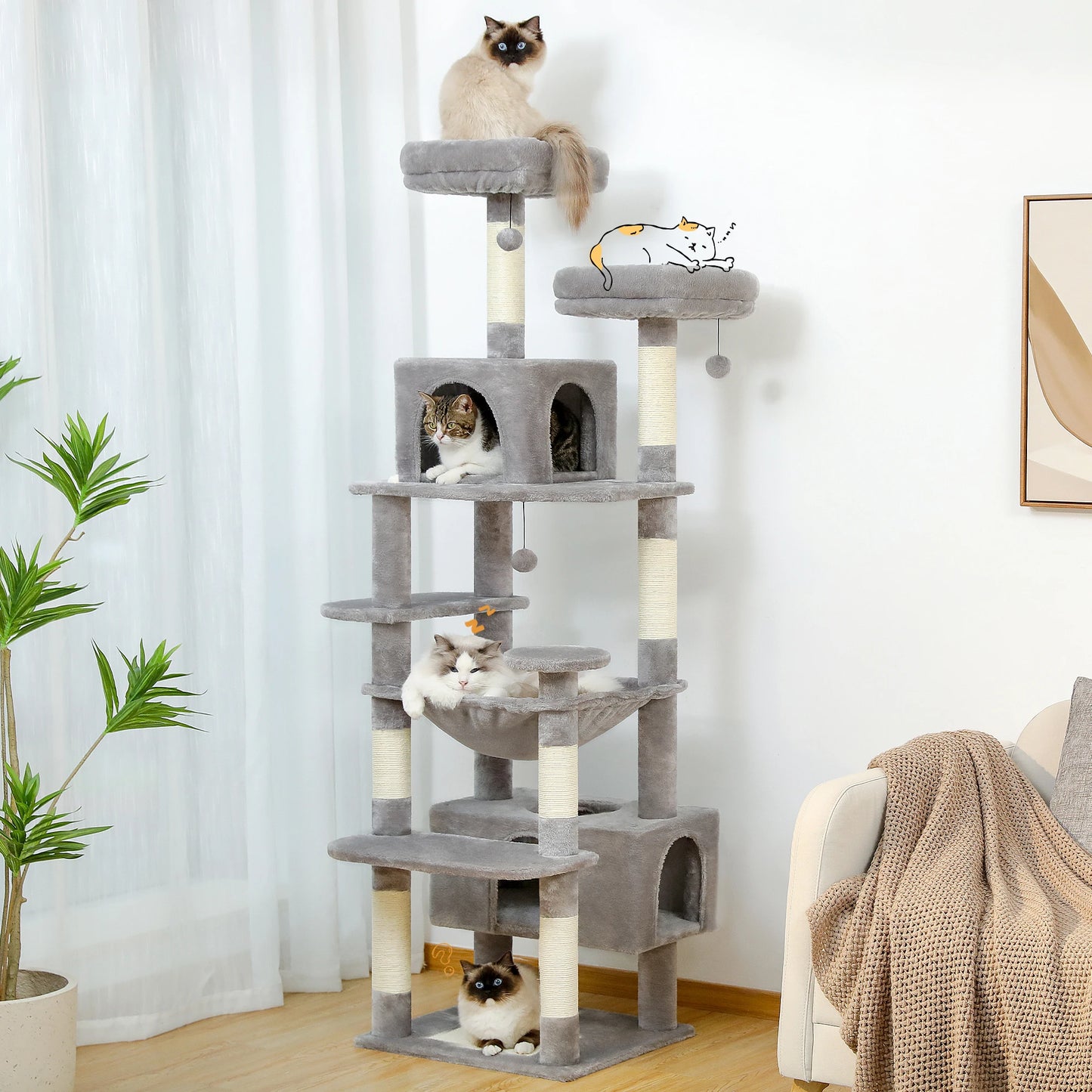 Large Cat Tree and Tower for Indoor Cats With Sisal-Covered Scratching Posts Spacious Hammock Padded Perches