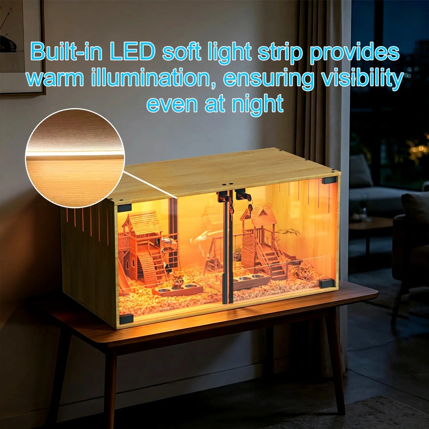 Wooden Hamster Guinea Pigs Cage Mice and Rat Habitat with Removable Divider Tempered Glass Panels Chew-proof