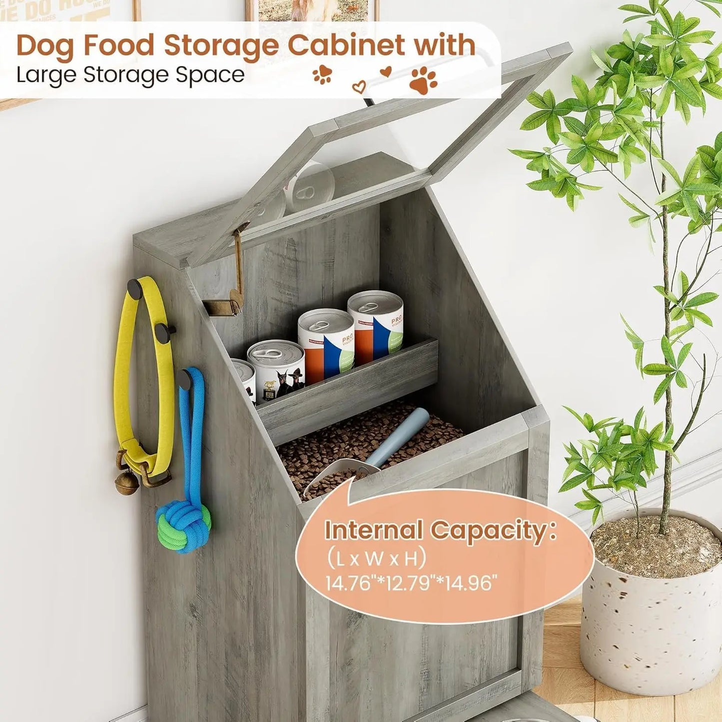 Pet Feeding Station with Raised Bowls and Food Storage Cabinet