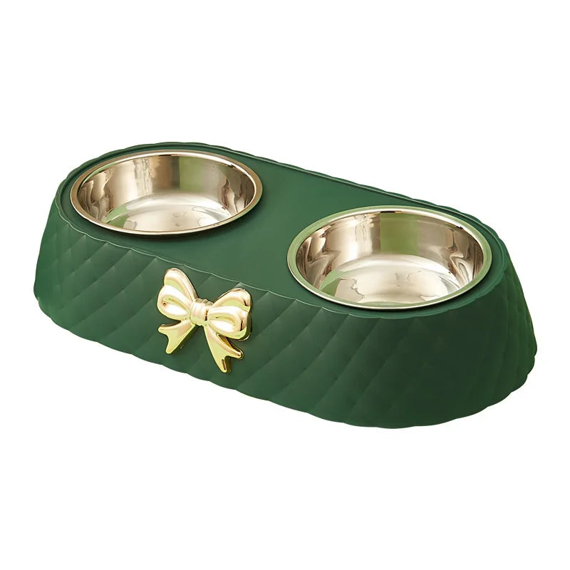 Bow-tie Bowknot Food Bowl Dog Bowl Stainless Steel Double Feeding and Drinking Double Bowl