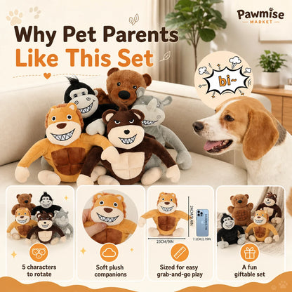 5-Piece Squeaky Plush Pet Toys Set - Lion, Bear, Rhino, Monkey & Chimpanzee - Durable Soft Chew Toys for Dogs & Cats