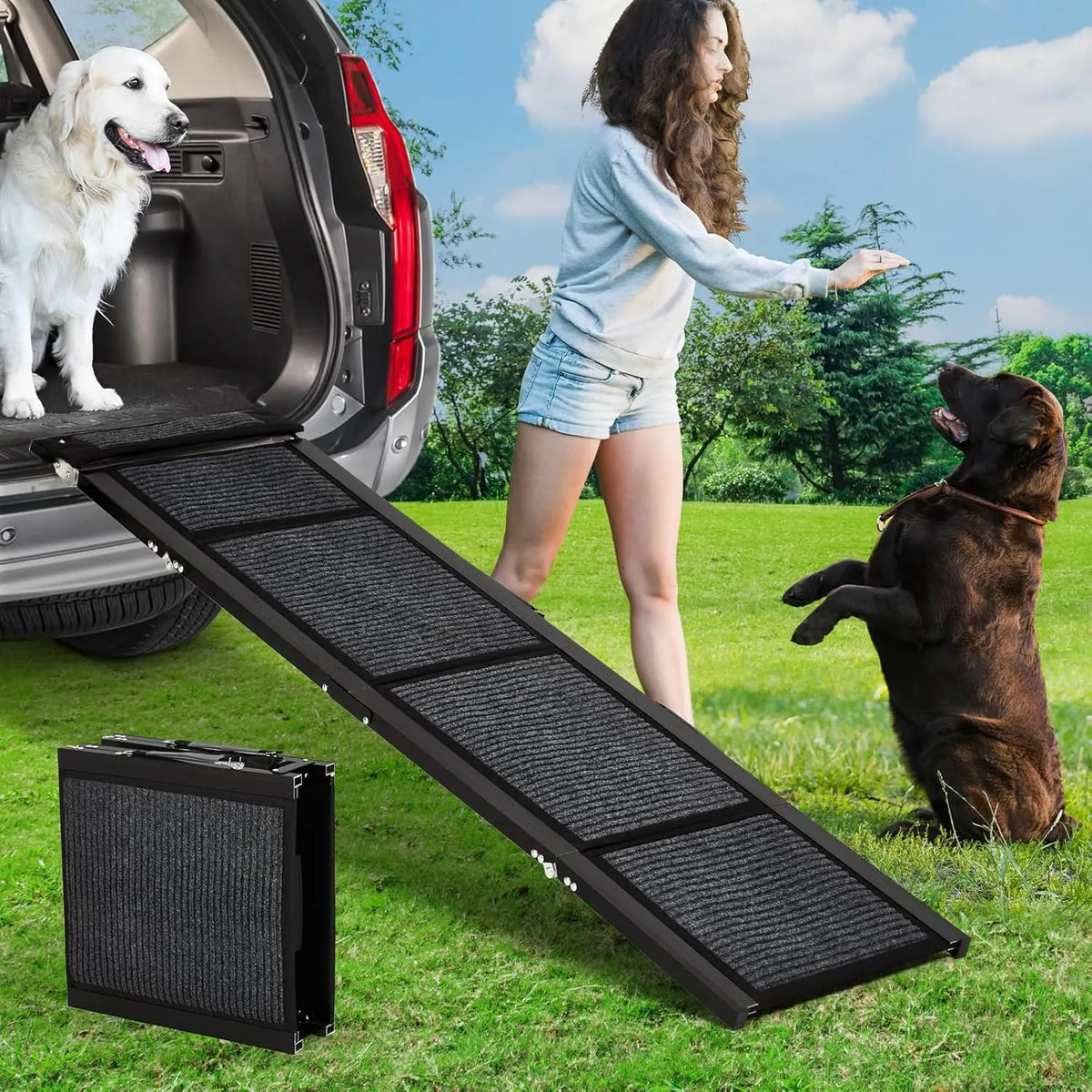 Upgraded Folding Pet Ramp For Large Dogs With Non-Slip - Surface Portable Outdoor Dog Car Ramp Up to 250 LBS