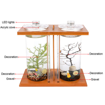 Glass Betta Fish Tank with LED Light Bamboo Base Mini Aquarium Set for Desktop Home Office Decoration 2 Tanks