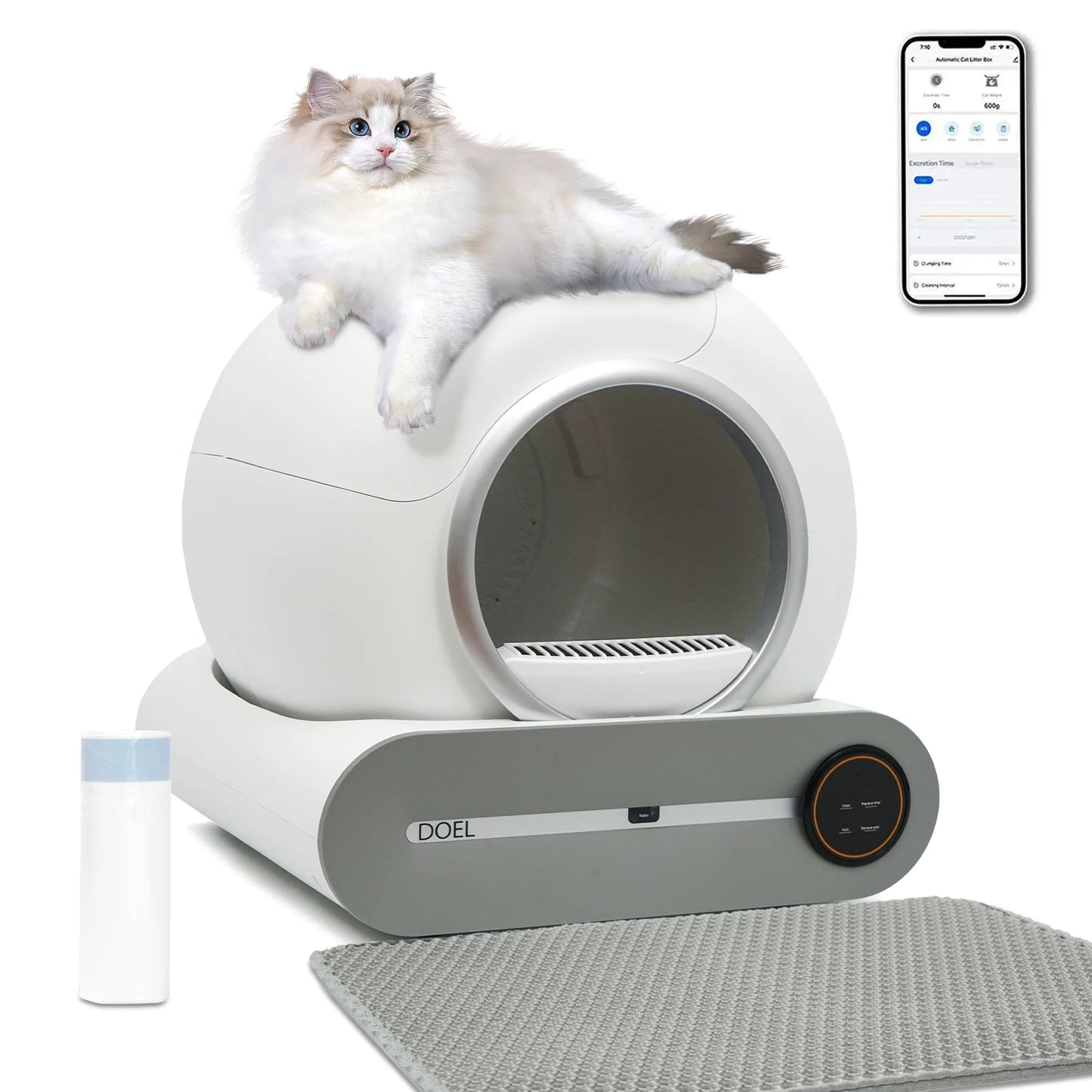 DOEL Self Cleaning Cat Litter Box w/Litter Mat. Smart Cat Toilet App Control