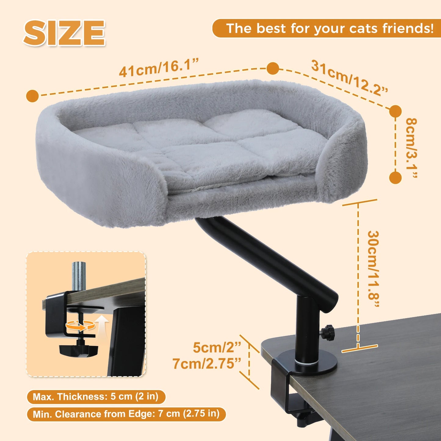 Cat Desk Bed, 360° Rotatable Bed Stand for Indoor Cats, Adjustable Basket,