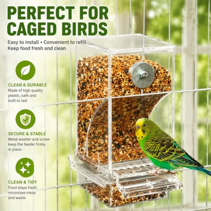Acrylic Auto Bird Feeder, No Mess Design, Large Capacity, for Budgies Cockatiels Lovebirds,