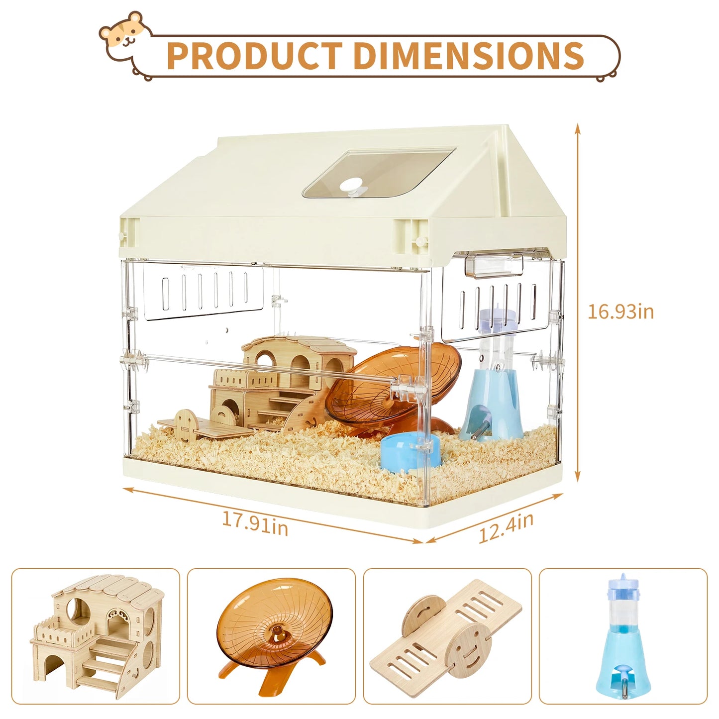 Chew-Proof Acrylic Hamster Cage Starter Kit – Large Habitat for Guinea Pig, Chinchilla, Hedgehog, Gerbil & Rat with Platform, Wheel, Water Bottle, Hideout & Bowl –