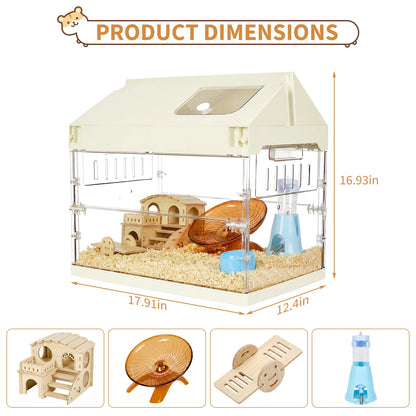 Chew-Proof Acrylic Hamster Cage Starter Kit – Large Habitat for Guinea Pig, Chinchilla, Hedgehog, Gerbil & Rat with Platform, Wheel, Water Bottle, Hideout & Bowl –