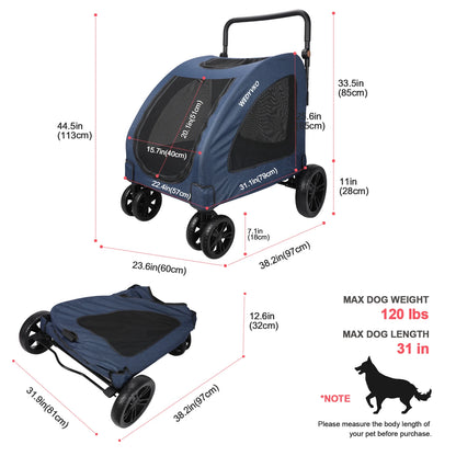 Heavy Duty Dog Stroller for Large Dogs up to 120 lbs, Foldable Pet Wagon with 360° Wheels, All-Round Ventilation