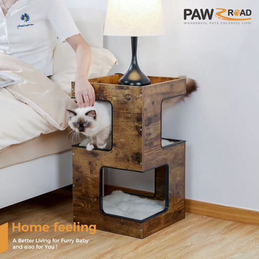 Wood Cat Condo House Bed with Removable Soft Mats Modern Cat Tree Tower with Scratching Pad