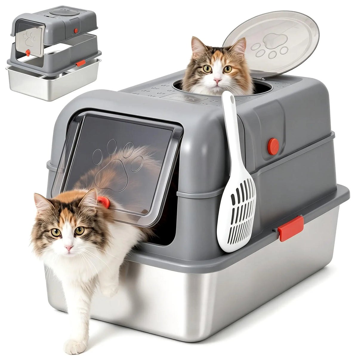 Enclosed Stainless Steel Litter Box With Lid - Dog Proof XL High Sided Anti Leak Front Entry Top Exit For Big Cats Includes