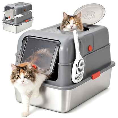 Enclosed Stainless Steel Litter Box With Lid - Dog Proof XL High Sided Anti Leak Front Entry Top Exit For Big Cats Includes