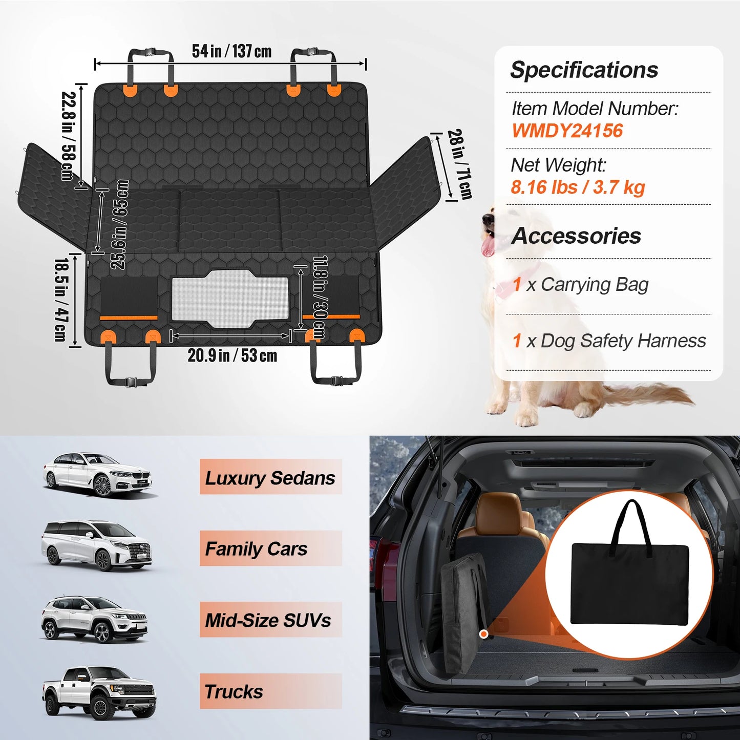 SucceBuy Back Seat Extender Dog Car Seat Cover, Back Seat Bed with Mesh Window and Storage Pocket Supports 350lbs