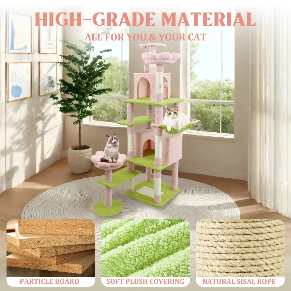 71" Tall Flower Cat Tree for Large Cats, 7-Level Climbing Tower with Extra Large Condo & Wide Hammock, Unique Horizontal Scratching Pad,