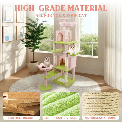 71" Tall Flower Cat Tree for Large Cats, 7-Level Climbing Tower with Extra Large Condo & Wide Hammock, Unique Horizontal Scratching Pad,