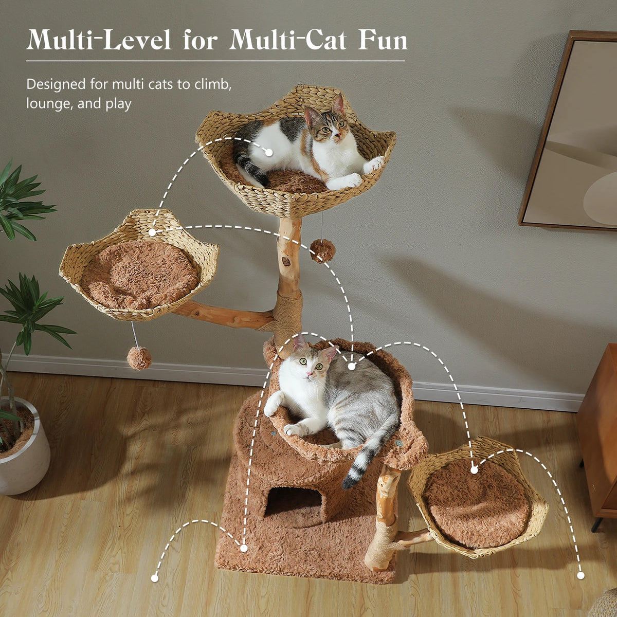 Large Cat Tree Tower with Sisal Scratching Post Wicker Basket Bed Flower Cat Condo