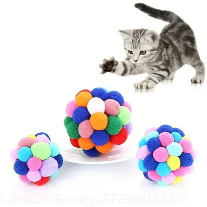 3Pcs Colorful Woolen Cat Plush Ball Toys Elastic Bell Ball Self‑Entertainment