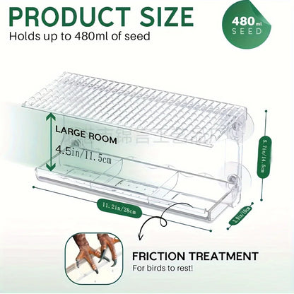 Indestructible Large Window Bird Feeder with Removable Seed & Water Tray, for Wild Birds with 4 Super Strong Adhesive Hooks