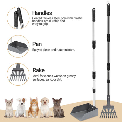 Dog Pooper Scooper Tray and Rake Set, Stainless Handles