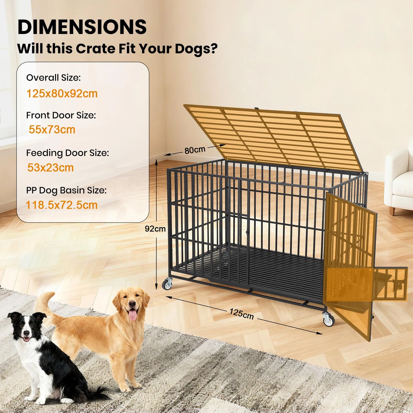 Heavy Duty Escape-Proof Metal Dog Crate with 3 Doors, Removable Tray, Locking Wheels