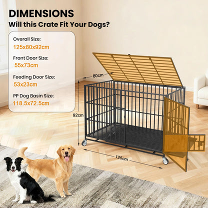 Heavy Duty Escape-Proof Metal Dog Crate with 3 Doors, Removable Tray, Locking Wheels