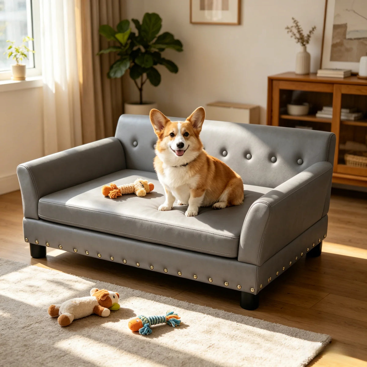 Elevated Dog Sofa for Medium to Large Dogs Microfiber Leather Cover with Removable Cushion