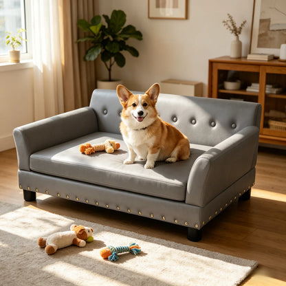 Elevated Dog Sofa for Medium to Large Dogs Microfiber Leather Cover with Removable Cushion