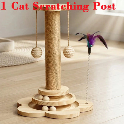 4-in-1 Wooden Cat Scratcher with Ball Track & Feather Toy Self-Play Kitten Activity Center