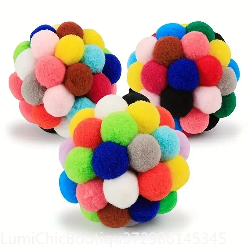 3Pcs Colorful Woolen Cat Plush Ball Toys Elastic Bell Ball Self‑Entertainment
