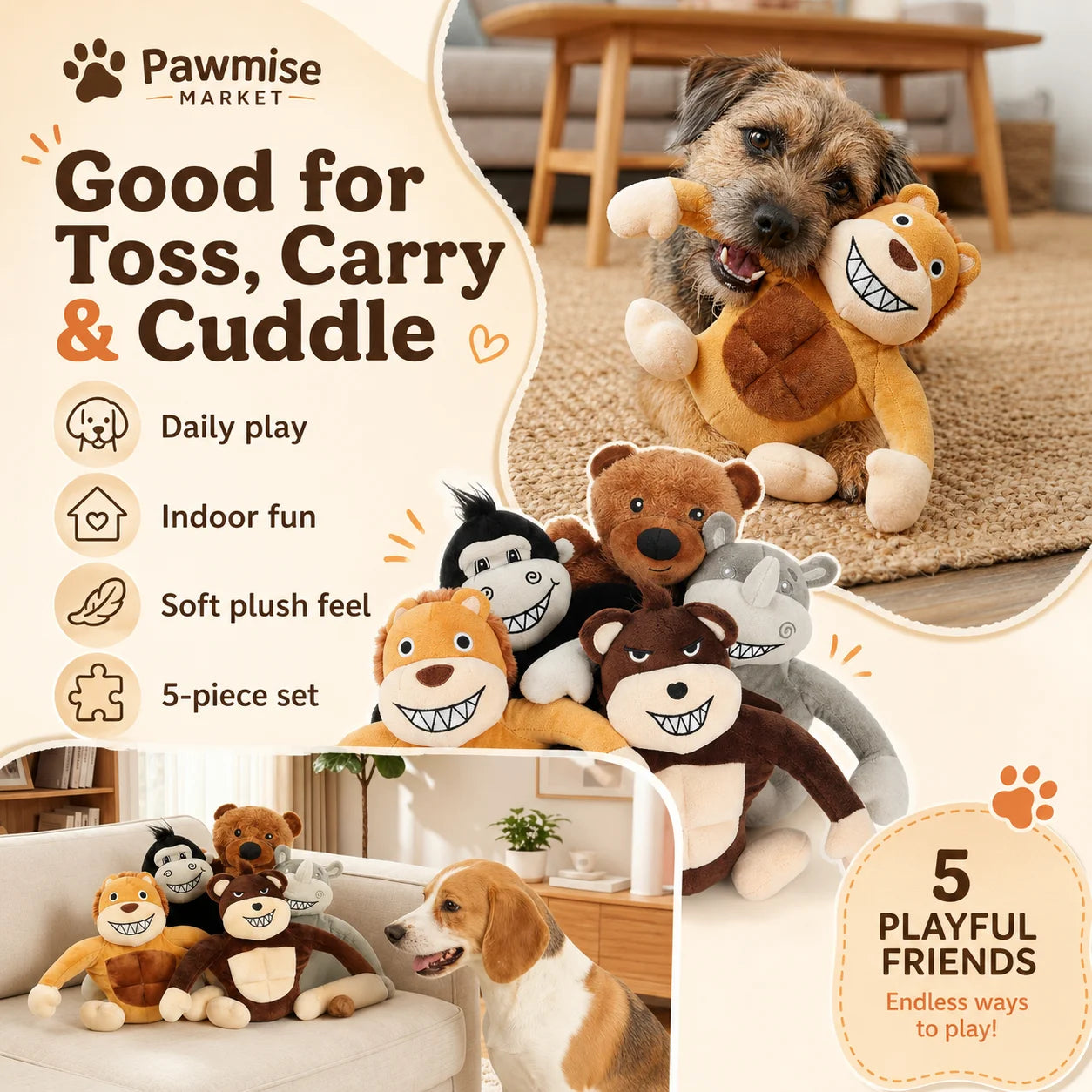 5-Piece Squeaky Plush Pet Toys Set - Lion, Bear, Rhino, Monkey & Chimpanzee - Durable Soft Chew Toys for Dogs & Cats