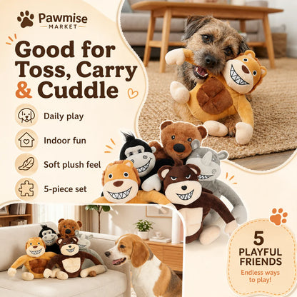 5-Piece Squeaky Plush Pet Toys Set - Lion, Bear, Rhino, Monkey & Chimpanzee - Durable Soft Chew Toys for Dogs & Cats