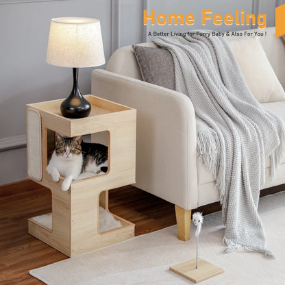 Wood Cat Condo House Bed with Removable Soft Mats Modern Cat Tree Tower with Scratching Pad